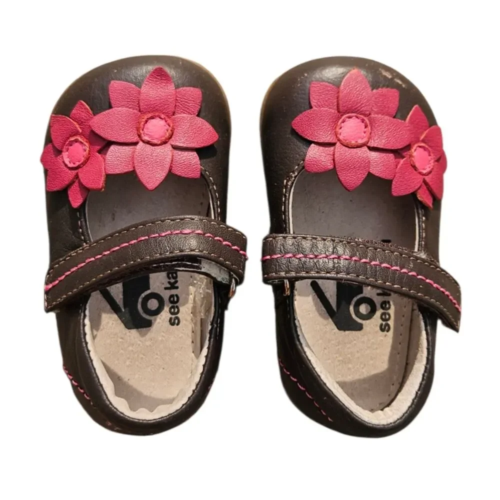 See Kai Run Toddler Girls Size 3 Brown Pink Flower Mary Jane Shoes